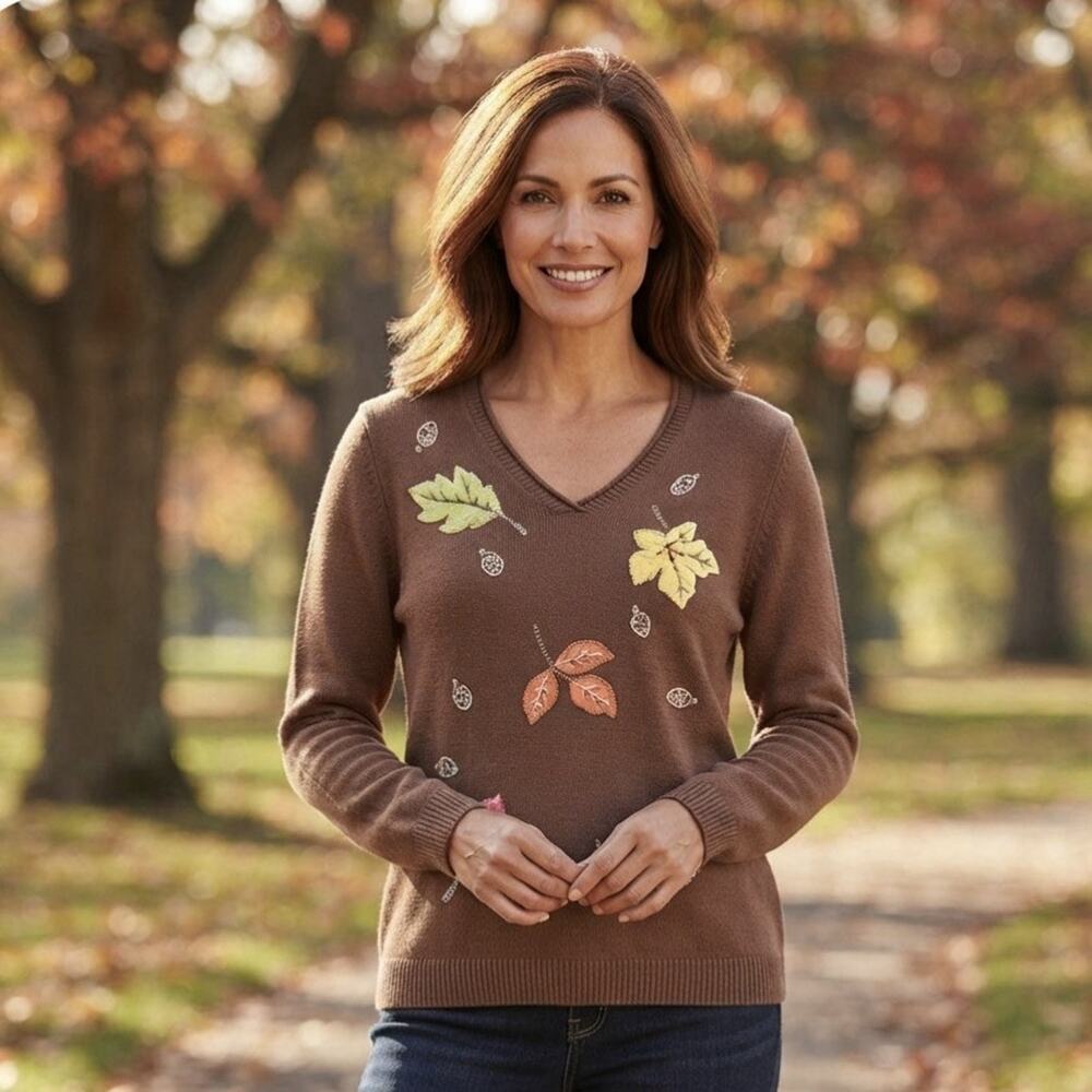 Alfred Dunner Long Sleeve Sweater XL Brown Embroidered Floral Grandma Cozy Vneck